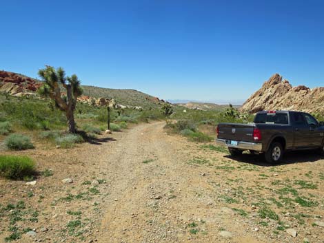 The route stays left past a campsite (view W)